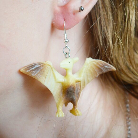Beige Pterodactyl Dinosaur Earrings - Picture 2 of 4
